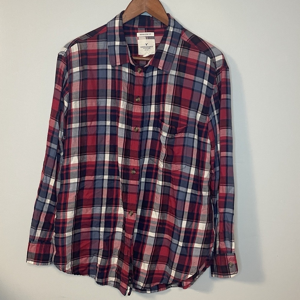 AMERICAN EAGLE Oversized Fit Red/Blue Plaid Flannel Shirt Women's Size M